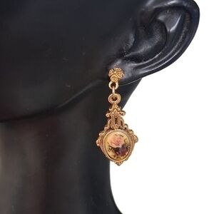 Vintage 1928 Brand Victorian Style Rose & Filigree Design Drop Earrings